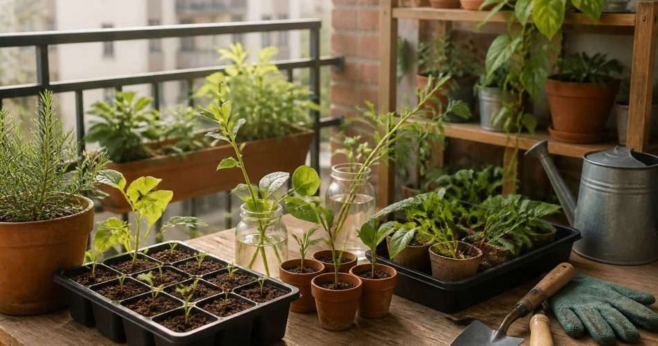 Bandejas de esquejes y semilleros ordenadas en una estantería de una terraza pequeña