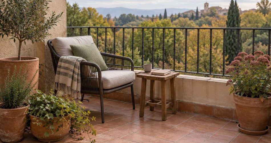 Sillón y mesa pequeña entre macetas en una terraza con vistas a árboles de otoño.